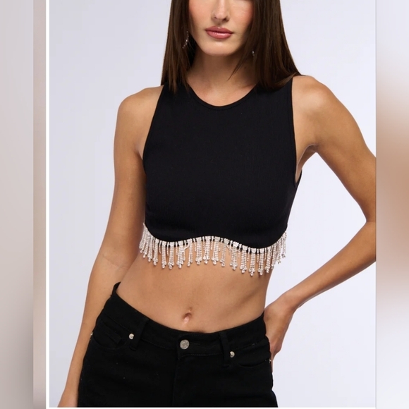 Tops - Black Crop Top with Beaded Fringe Small